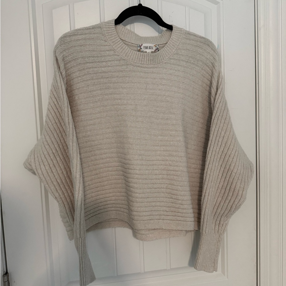 Pink Rose Cream Crew Neck Sweater with Textured Knit